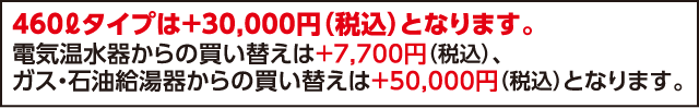 460ℓタイプは＋30,000円（税込）、電気温水器からの買い替えは＋7,700円（税込）、ガス・石油給湯器からの買い替えは＋50,000円（税込）となります。
