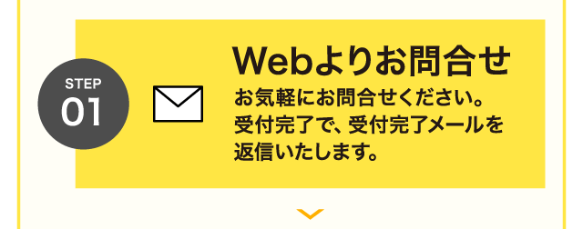 STEP 01 Webよりお問合せ お気軽にお問合せください。受付完了で、受付完了メールを返信いたします。
