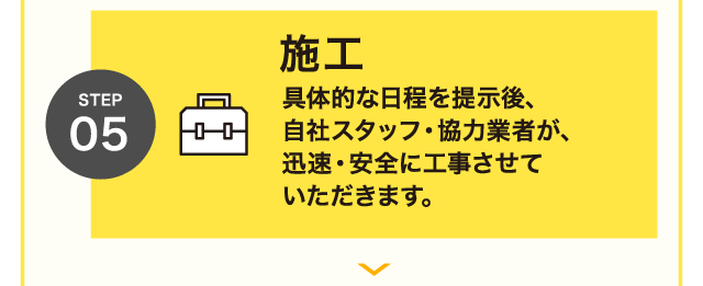 STEP 05 施工 具体的な日程を提示後、自社スタッフ・協力業者が、迅速・安全に工事させていただきます。