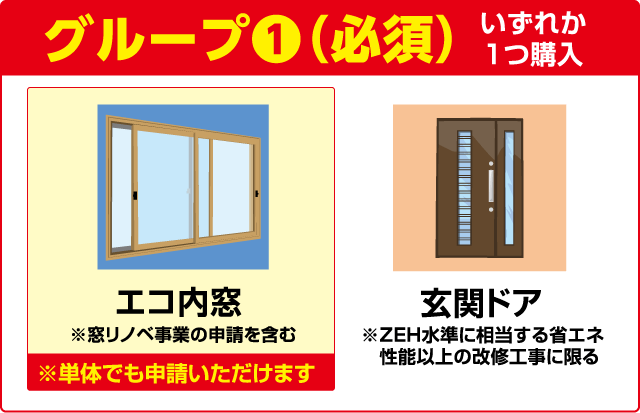 グループ①（必須）いずれか1つ購入 エコ内窓 ※窓リノベ事業の申請を含む ※単体でも申請いただけます 玄関ドア ※ZEH水準に相当する省エネ性能以上の改修工事に限る