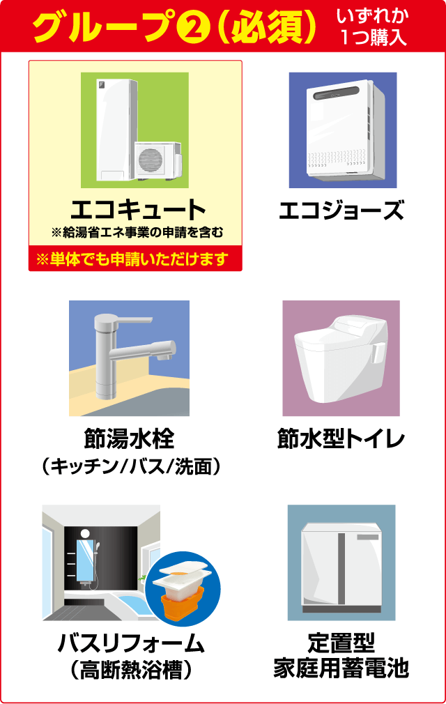 グループ②（必須）いずれか1つ購入 エコキュート ※給湯省エネ事業の申請を含む ※単体でも申請いただけます エコジョーズ 節湯水栓（キッチン／バス／洗面） 節水型トイレ バスリフォーム（高断熱浴槽） 定置型家庭用蓄電池